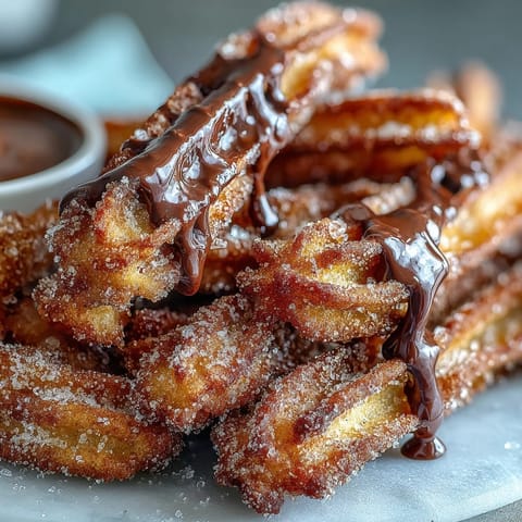 Golden, cinnamon-sugar churro bites with a crispy exterior and soft center, served with a warm, glossy chocolate dipping sauce for a festive Cinco de Mayo treat.