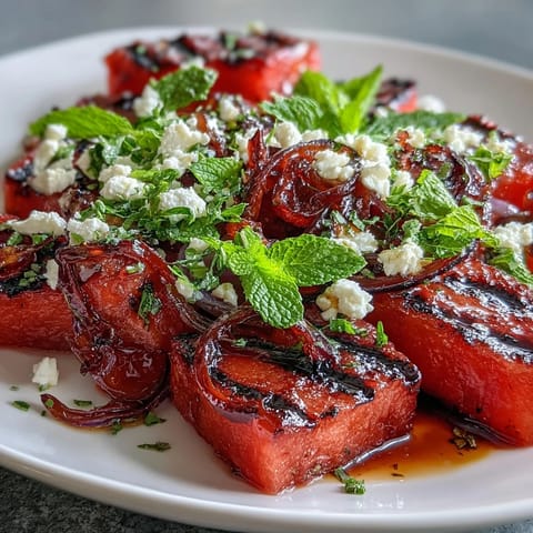 Grilled watermelon salad with feta and mint, a vibrant summer dish with sweet charred fruit, creamy cheese, and fresh herbs.