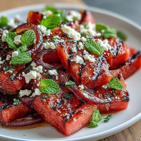 A colorful platter of grilled watermelon cubes topped with feta crumbles, red onion, and mint leaves, drizzled with balsamic glaze.