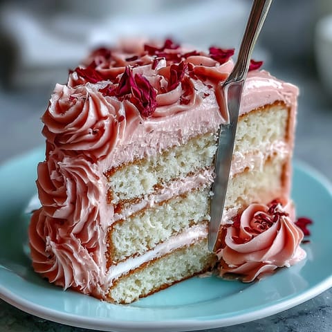 Beautiful three-layer vanilla cake frosted with silky pink ombre buttercream and delicate edible flower decorations.