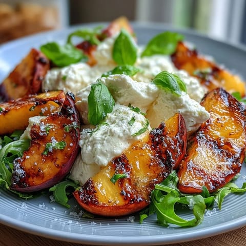 A vibrant summer salad featuring sweet, caramelized grilled peaches, creamy burrata, and a drizzle of honey, perfect for al fresco dining.
