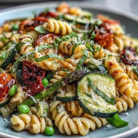 Spring Pasta Primavera with Fresh Veggies in a colorful skillet with seasonal vegetables and herbs.