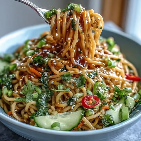 Cold sesame noodle bowl with cucumber, vibrant julienned vegetables, and creamy sesame sauce, garnished with cilantro and sesame seeds.