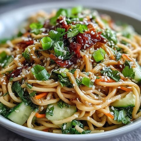 Refreshing cold sesame noodle bowl featuring chilled wheat noodles, crisp cucumber, and zesty sesame dressing, topped with fresh herbs.