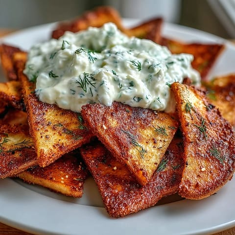 Golden baked pita chips served with creamy tzatziki — a refreshing, crunchy Mediterranean snack.