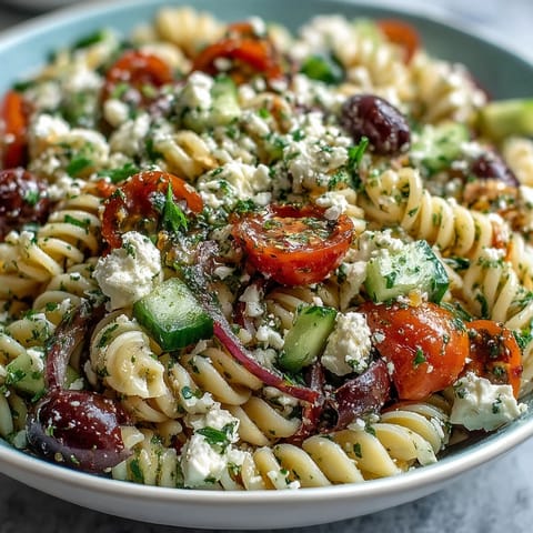 Vibrant summer pasta salad with Greek olives, feta, and fresh vegetables, perfect for picnics and barbecues.