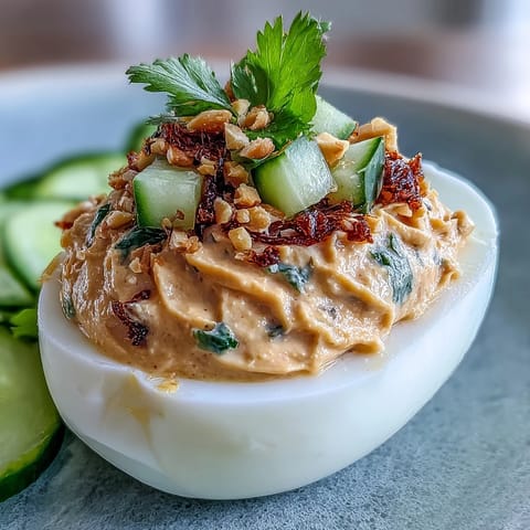 Savory Thai Peanut Deviled Eggs appetizer with vibrant green relish.