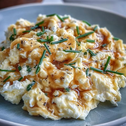 Creamy cottage cheese scrambled eggs piled high, a protein-packed breakfast delight.
