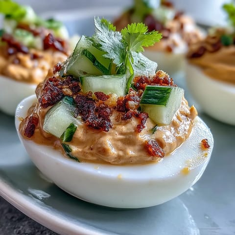 Creamy Thai Peanut Deviled Eggs piled high with fresh cucumber relish.