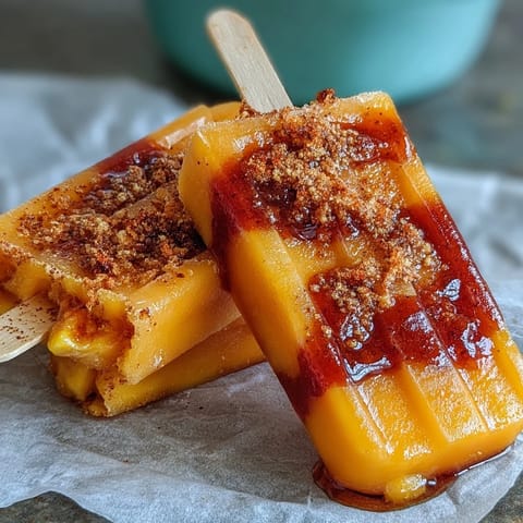 Close-up of Fricy Mango Chamoy Popsicles swirled with chamoy and sprinkled with Tajin.