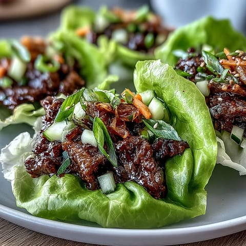 Savory marinated Korean BBQ beef piled high on cool lettuce leaves with crunchy toppings.