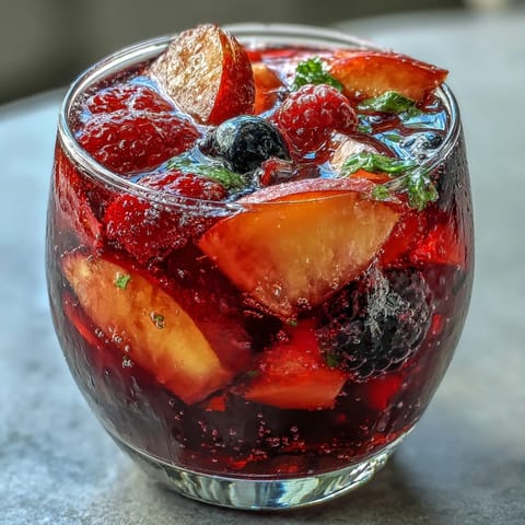 Vibrant Summer Sangria Mocktail with juicy peaches and mixed berries, perfect for a cool drink.