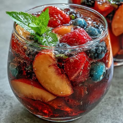 Summer Sangria Mocktail overflowing with fresh peaches, berries, and refreshing grape juice.