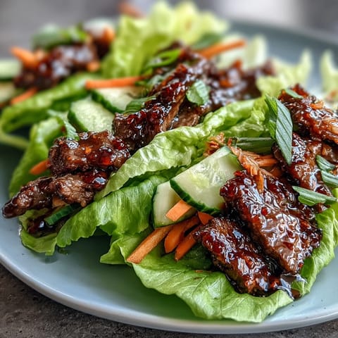 Juicy Korean BBQ Beef in crisp lettuce, topped with vibrant, spicy kimchi for a fresh bite.