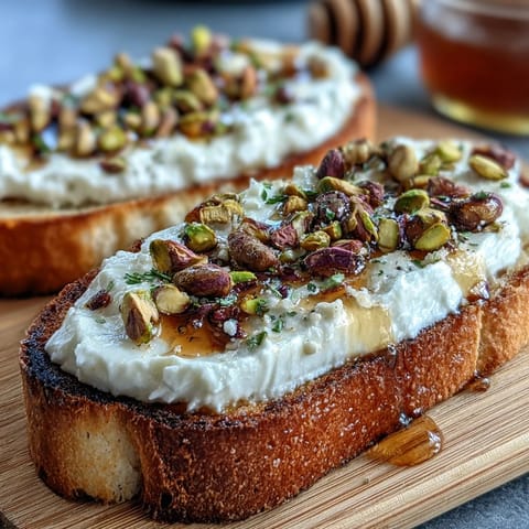 Sweet honey drizzles this fluffy ricotta toast with crunchy pistachio topping.