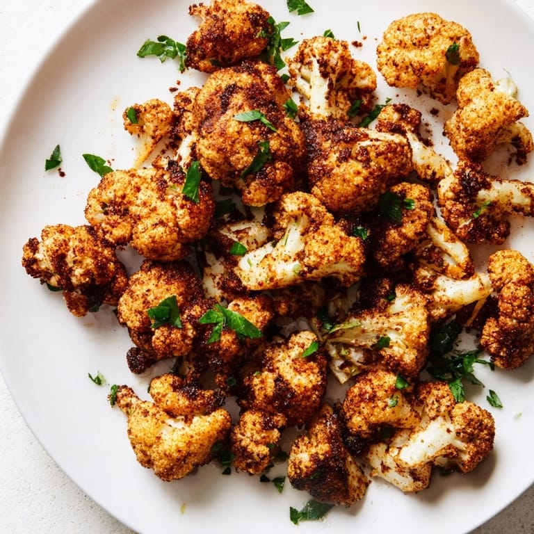 Crispy-edged roasted cauliflower with smoky paprika, ready to serve as a satisfying, healthy snack.