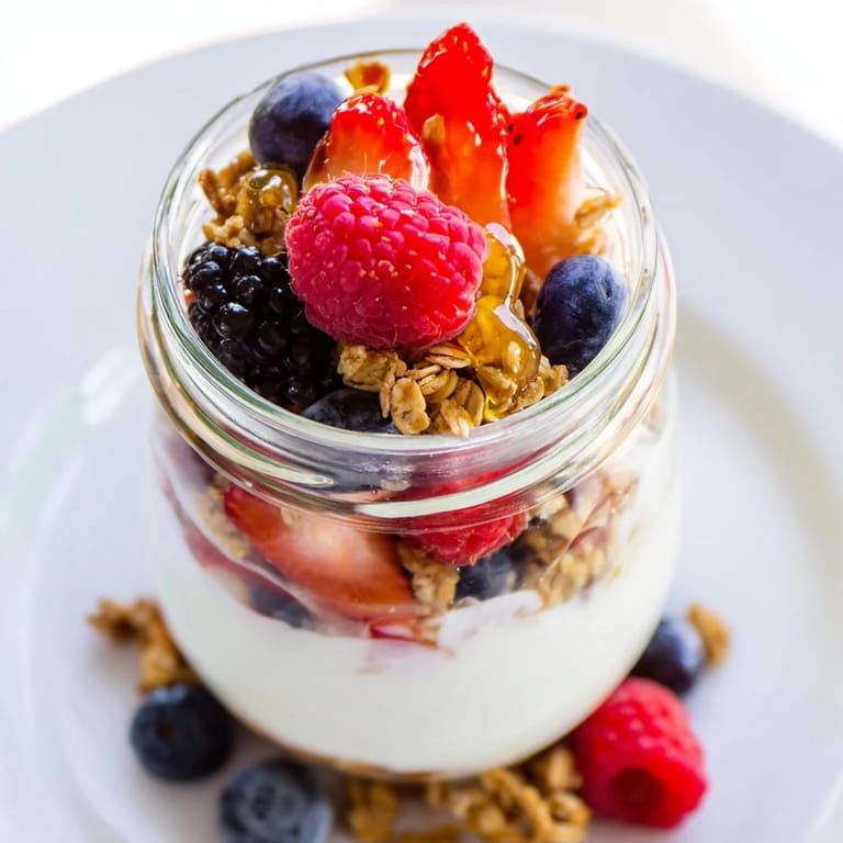 A close-up of a berry parfait: creamy yogurt, granola crunch, and juicy berries.