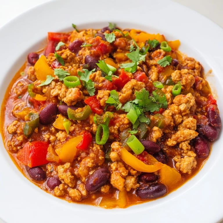 A close-up of a delicious bowl of turkey chili, ready to be topped and served.