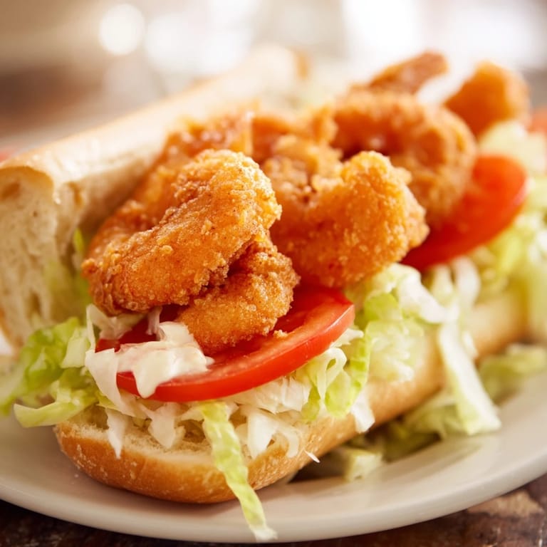 Delicious Shrimp Po Boy, ready to eat, served with lemon wedges and pickles.