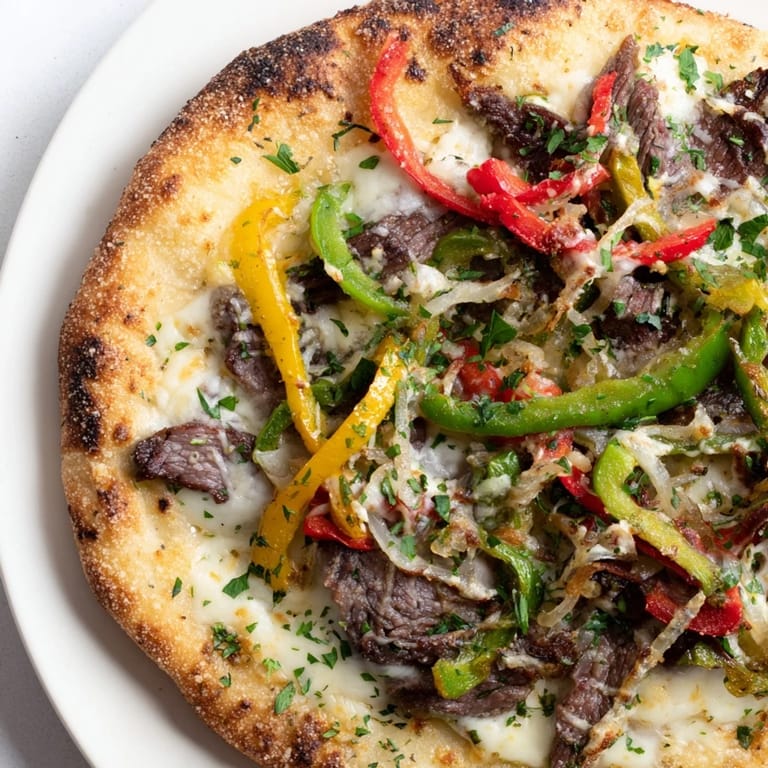 Melting provolone blankets a golden-crusted Philly cheesesteak pizza, studded with colorful peppers.