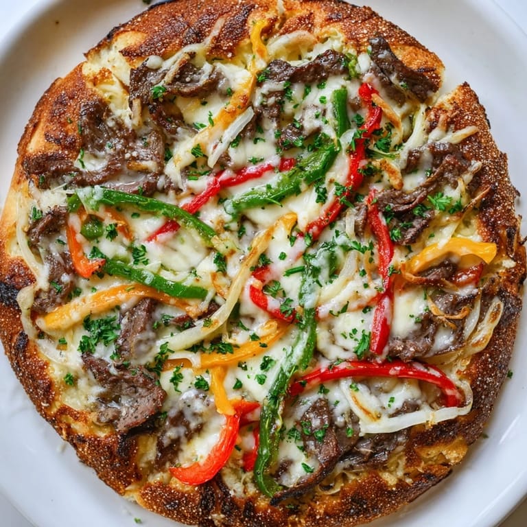Close-up of a delicious Philly cheesesteak pizza, featuring tender steak, onions, and melted cheese.