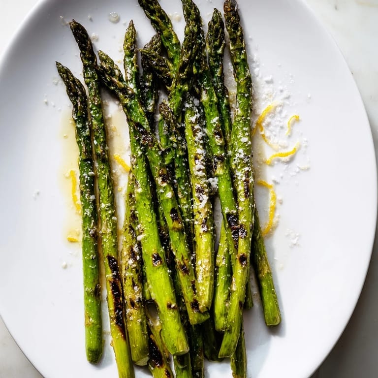 Delicious grilled asparagus, a vibrant green side dish, served warm with a zesty lemon wedge alongside.