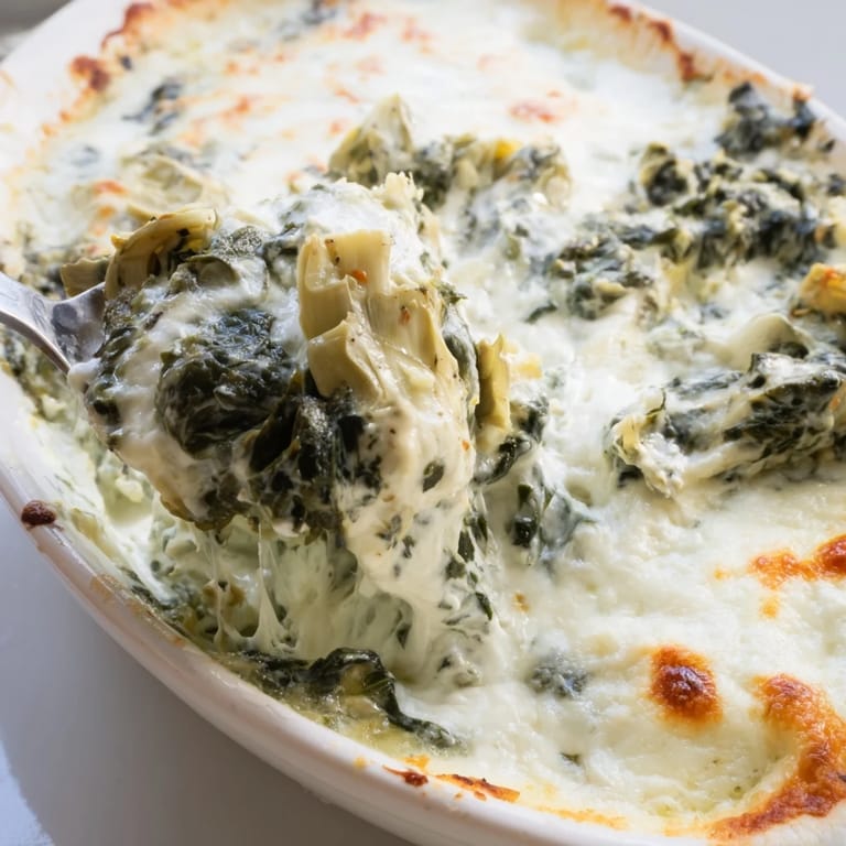 Warm, cheesy Spinach Artichoke Dip, perfect for sharing with friends and a variety of dippers.