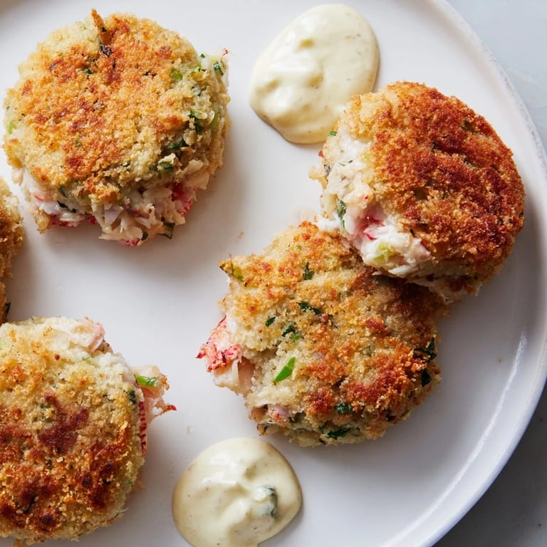 Perfectly pan-fried, succulent crab cakes with herbs, best enjoyed alongside a creamy, zesty sauce.