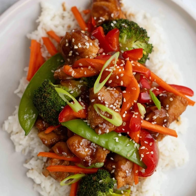 Steaming white rice is topped with tender teriyaki chicken and fresh, bright green vegetables.