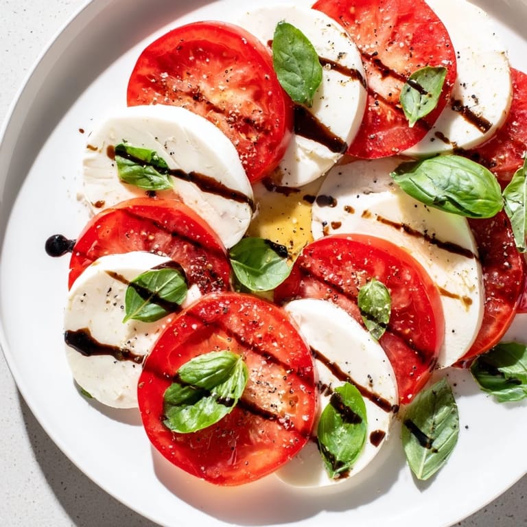 Simple and delicious Caprese Salad: a flavorful, light appetizer featuring fresh ingredients glistening with olive oil.