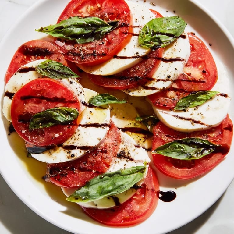 A visually stunning Caprese Salad, layered with red tomatoes, white cheese, and green basil leaves.