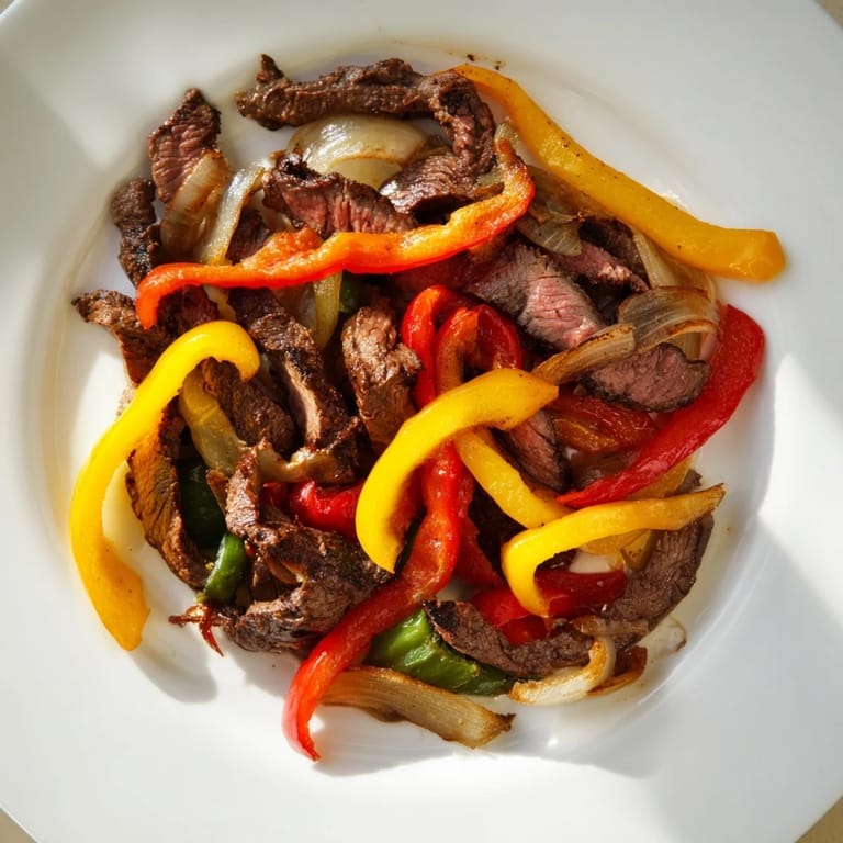 Tender, marinated steak fajitas ready to be wrapped in soft tortillas with fresh garnishes.