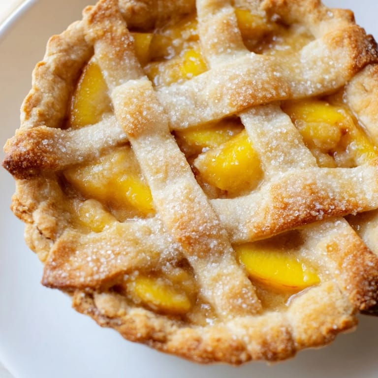 A warm slice of homemade Peach Pie, boasting a perfectly crimped crust, ideal for summer desserts.