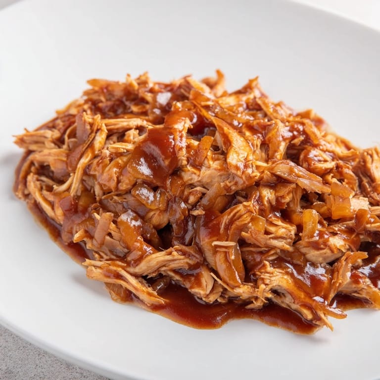 Shredded BBQ pulled chicken in a vibrant, glossy sauce, perfect for a flavorful weeknight meal.