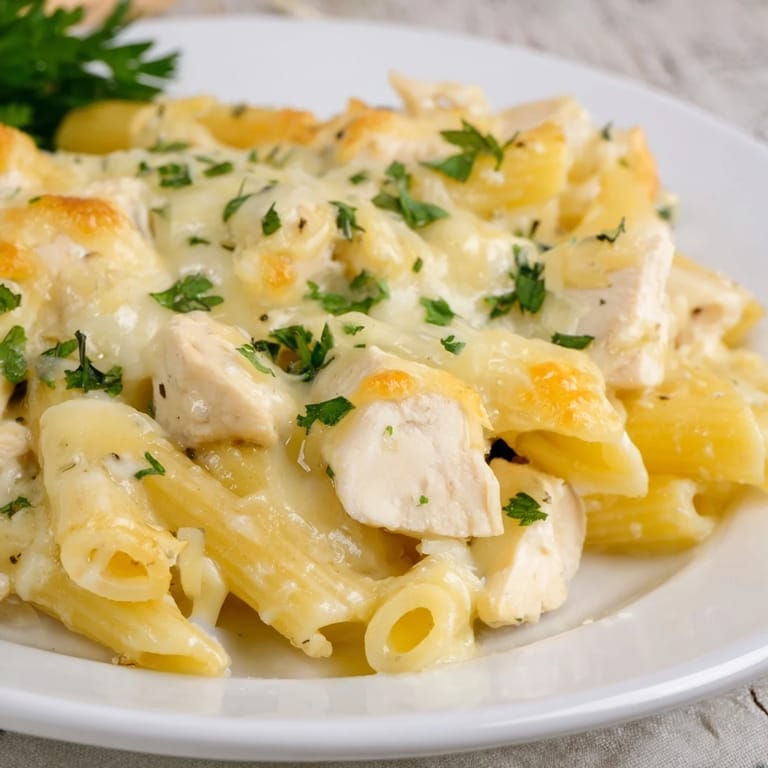 Creamy homemade Chicken Alfredo Bake, showcasing the richness of the Alfredo sauce and a flavorful crust.