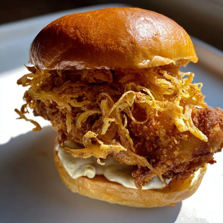 A close-up of the Crispy Onion Chicken Sandwich with creamy aioli dripping from a toasted brioche bun.