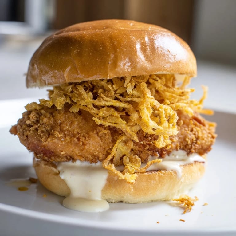 Homemade Crispy Onion Chicken Sandwich served with lettuce and pickles, perfect for a hearty American lunch.