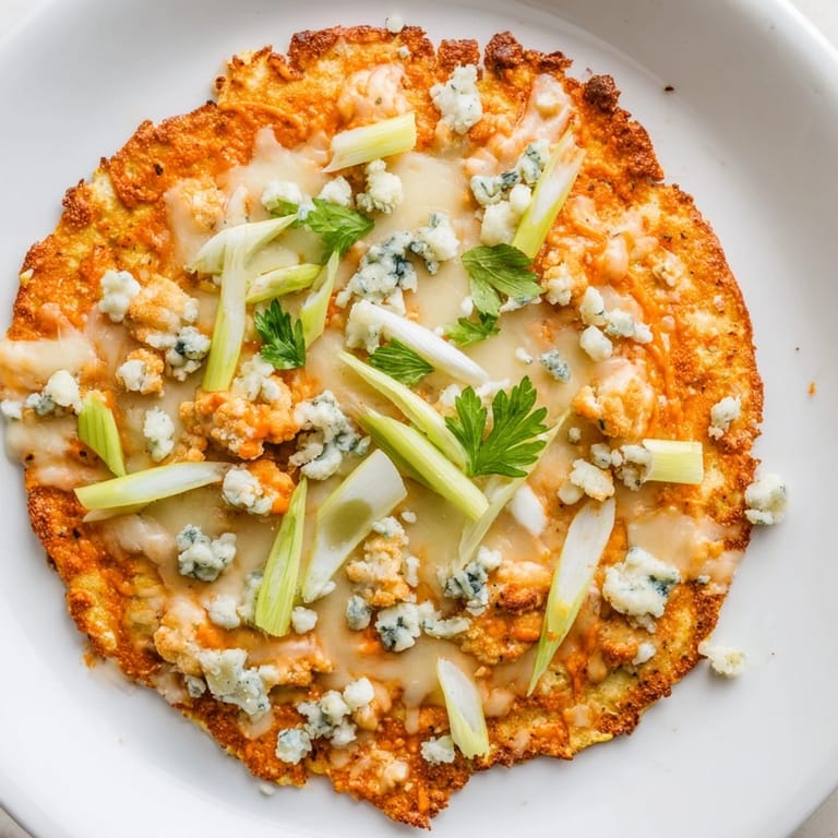 A slice of Buffalo Cauliflower Pizza lifted to reveal a cheesy interior and crispy cauliflower crust, served with celery sticks.
