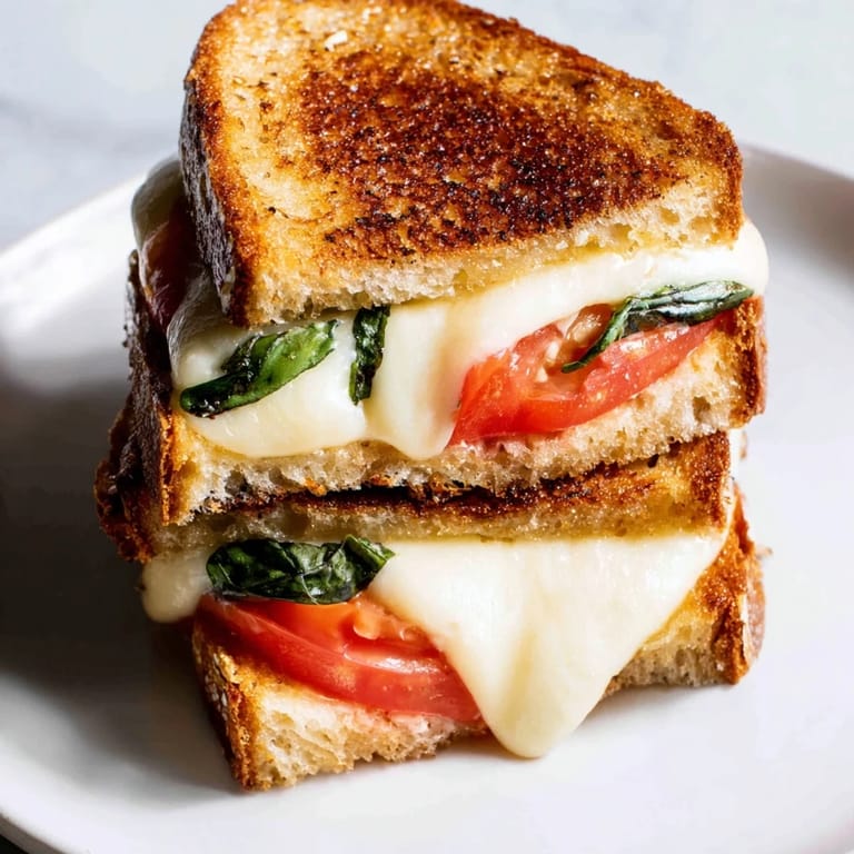 Tomato Basil Grilled Cheese sliced diagonally to reveal melted mozzarella, with a side of creamy tomato soup for dipping.