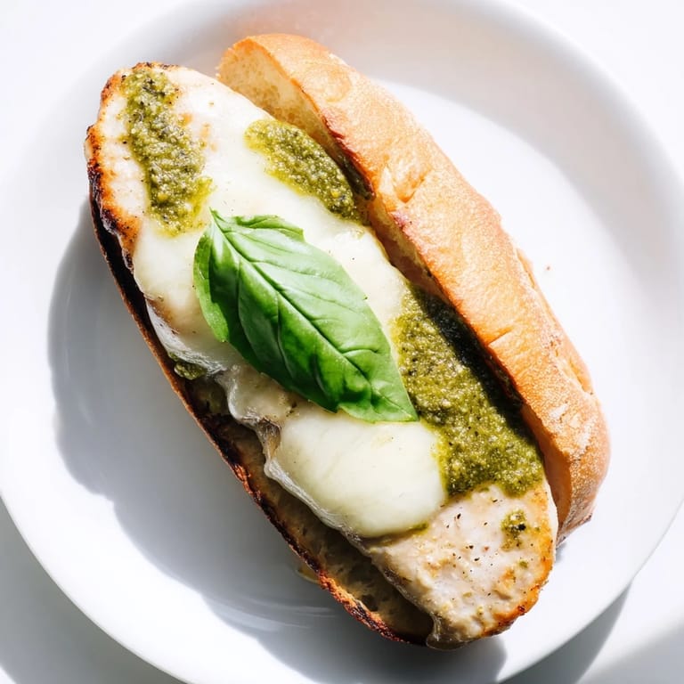 A close-up of a Pesto Chicken Melt with juicy chicken, gooey cheese, and fresh basil.