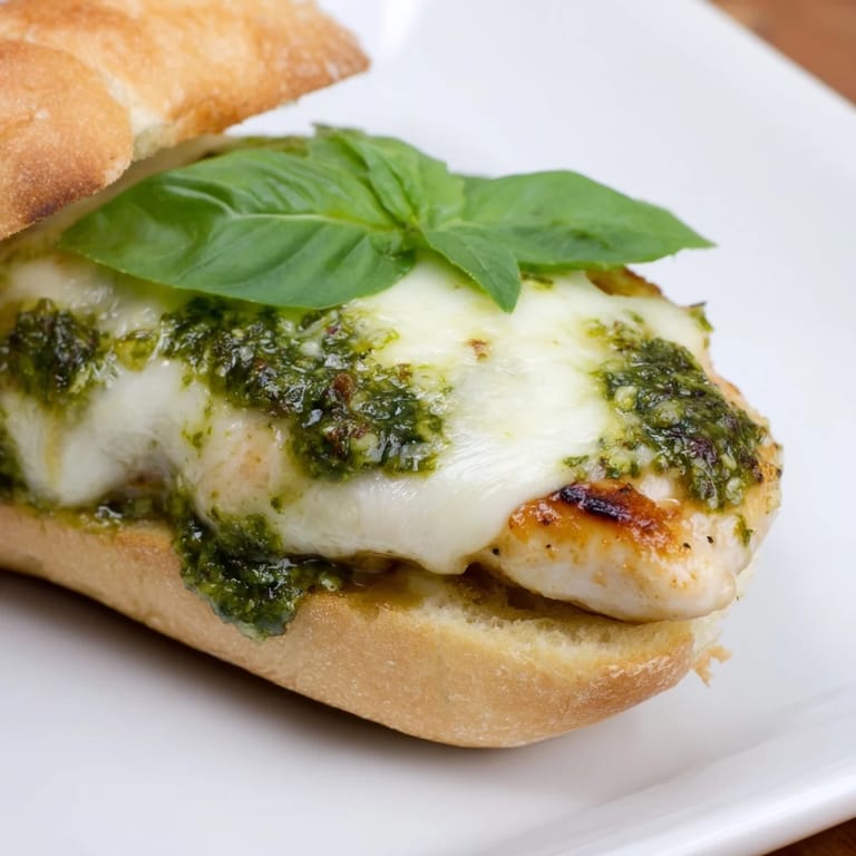 The Pesto Chicken Melt sandwich features golden ciabatta, basil pesto, melted mozzarella, and grilled chicken.