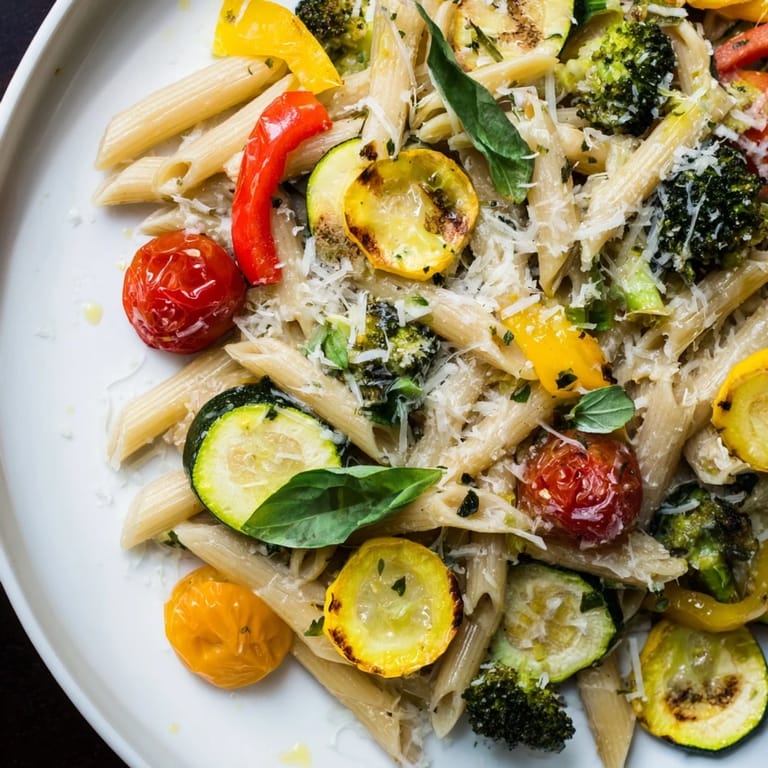 A large skillet of freshly prepared Pasta Primavera, showcasing golden-brown roasted vegetables and pasta coated in a garlic-infused olive oil sauce, garnished with herbs.