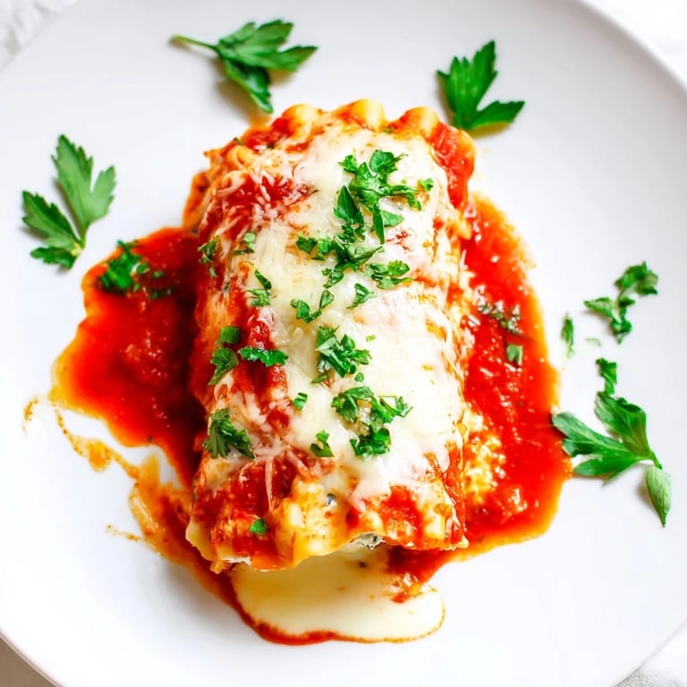 Sizzling Chicken and Spinach Lasagna Rolls fresh from the oven, glistening with rich marinara sauce and a sprinkle of Parmesan.