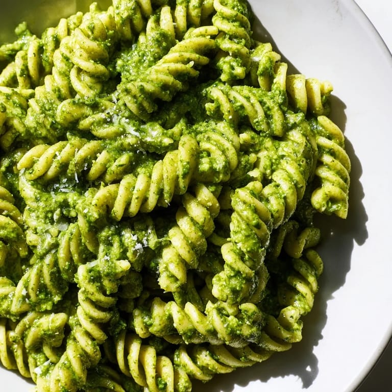 Tossing warm pasta with a rich, creamy sunflower seed pesto in a stainless steel pot for a comforting weeknight meal.