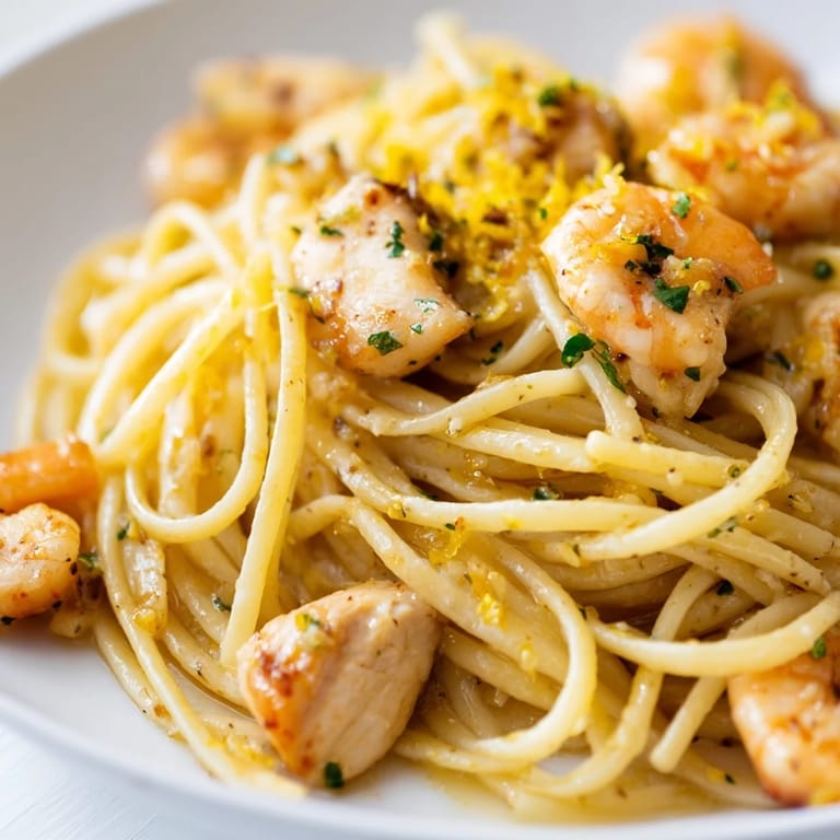 Golden chicken and pink shrimp mingle with al dente pasta in a skillet of bright lemon-garlic sauce.
