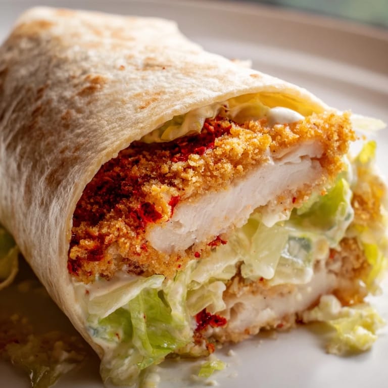 A toasted flour tortilla stuffed with spicy hot honey chicken, crisp romaine lettuce, and grated Parmesan cheese on a rustic wooden board.  