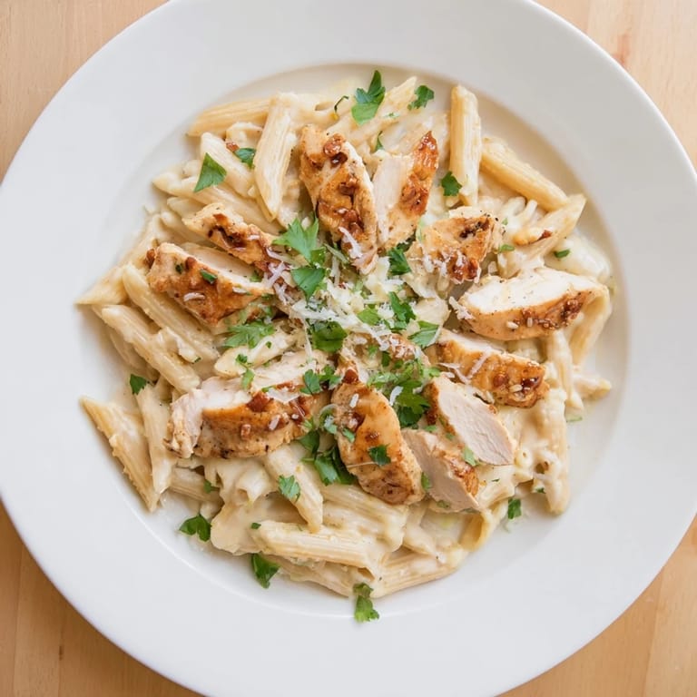 Sliced chicken breast tossed with penne in a vibrant honey chipotle sauce, ready to serve for a weeknight dinner.
