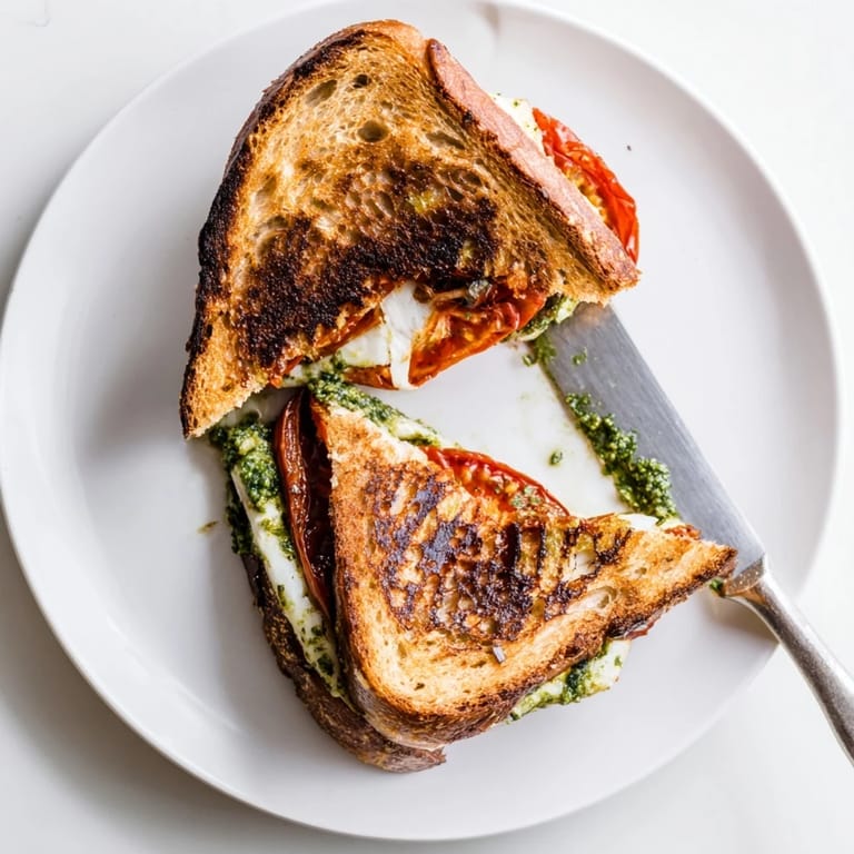 A gourmet Roasted Tomato Pesto Grilled Cheese stacked high with basil pesto and mozzarella on a wooden cutting board.  