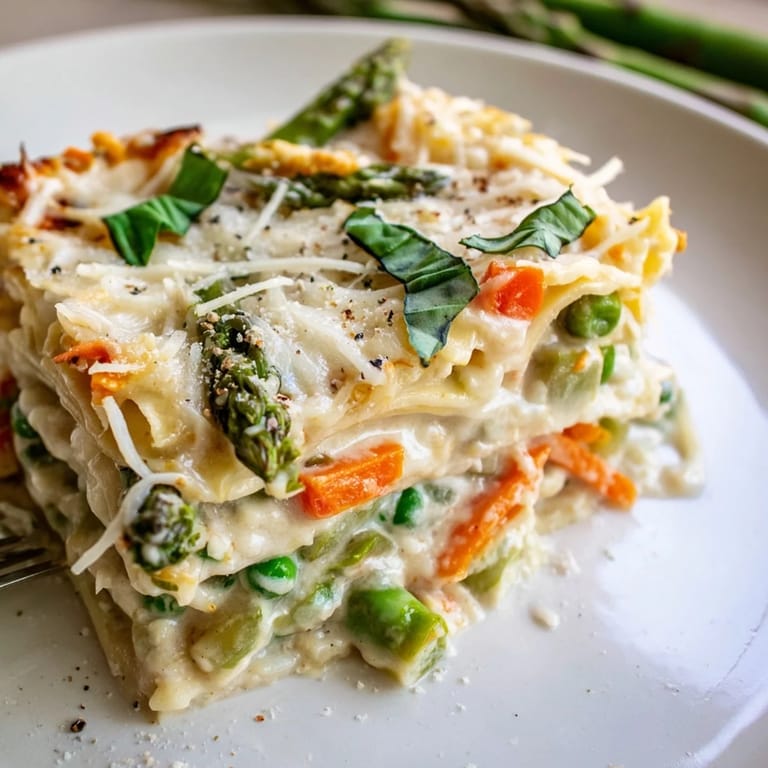 Sliced Spring Veggie Alfredo Lasagna revealing colorful asparagus, peas, and creamy ricotta layers inside.