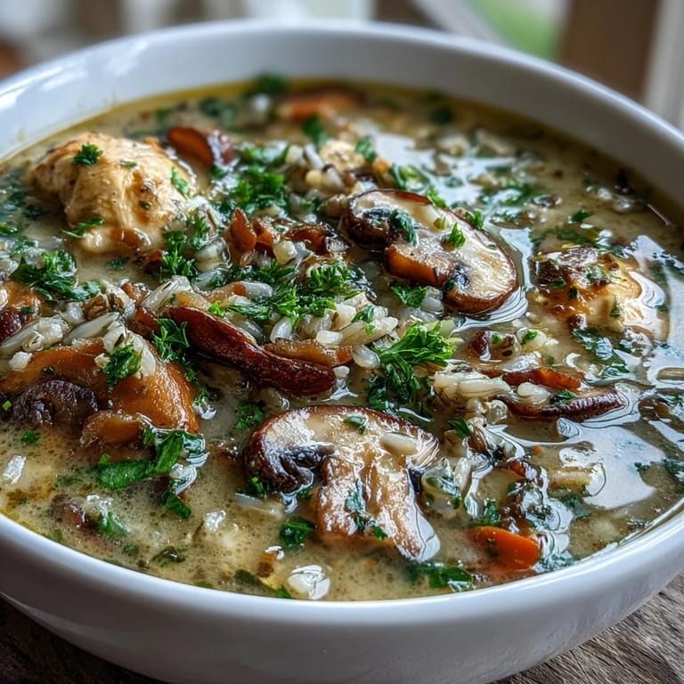 Hearty Parmesan Mushroom Chicken and Wild Rice Soup simmering in a pot, featuring carrots, celery, and creamy broth ready to be ladled out.